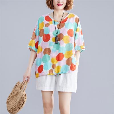Retro Cotton Linen Printed Blouses Women's Plus Size V-neck Mid Sleeve Shirt Pullover Spring Summer Shirts Fashion Loose Top