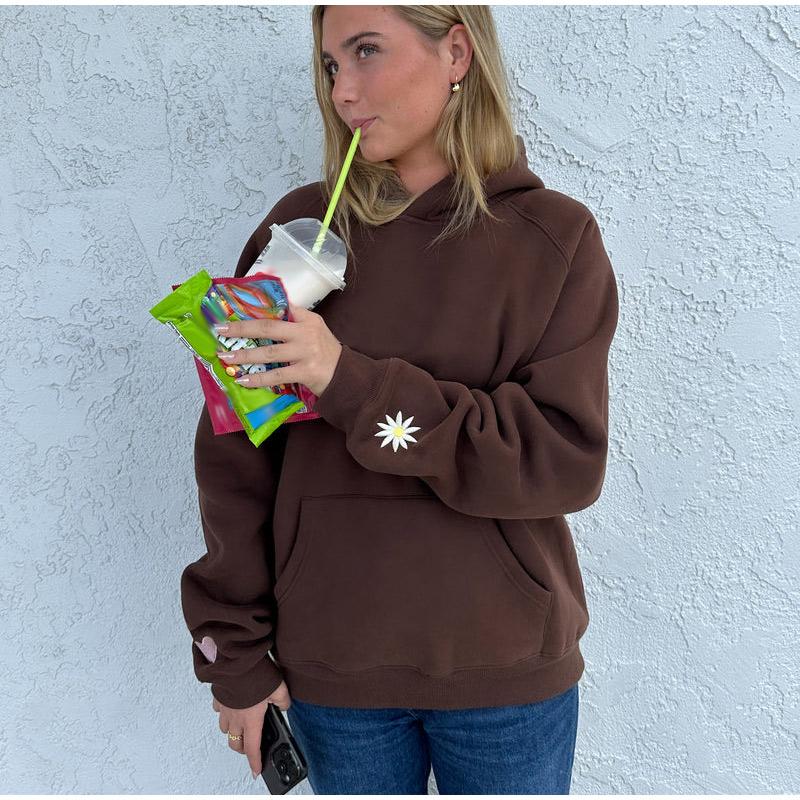 Kvinner Tykk Langermet Høst og Vinter O-Hals Hettegenser Vintage Blomsterprint Mote Løse Sweatshirts med Lomme