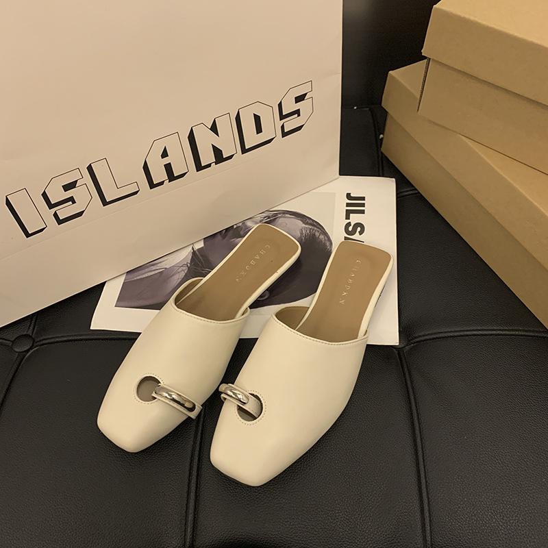 South Korea Dongdaemun Ins Niche Square Head Low Heel Ring Ornament Half Slippers Bag Head Drag Versatile Foreign Style Slippers Outside Wear