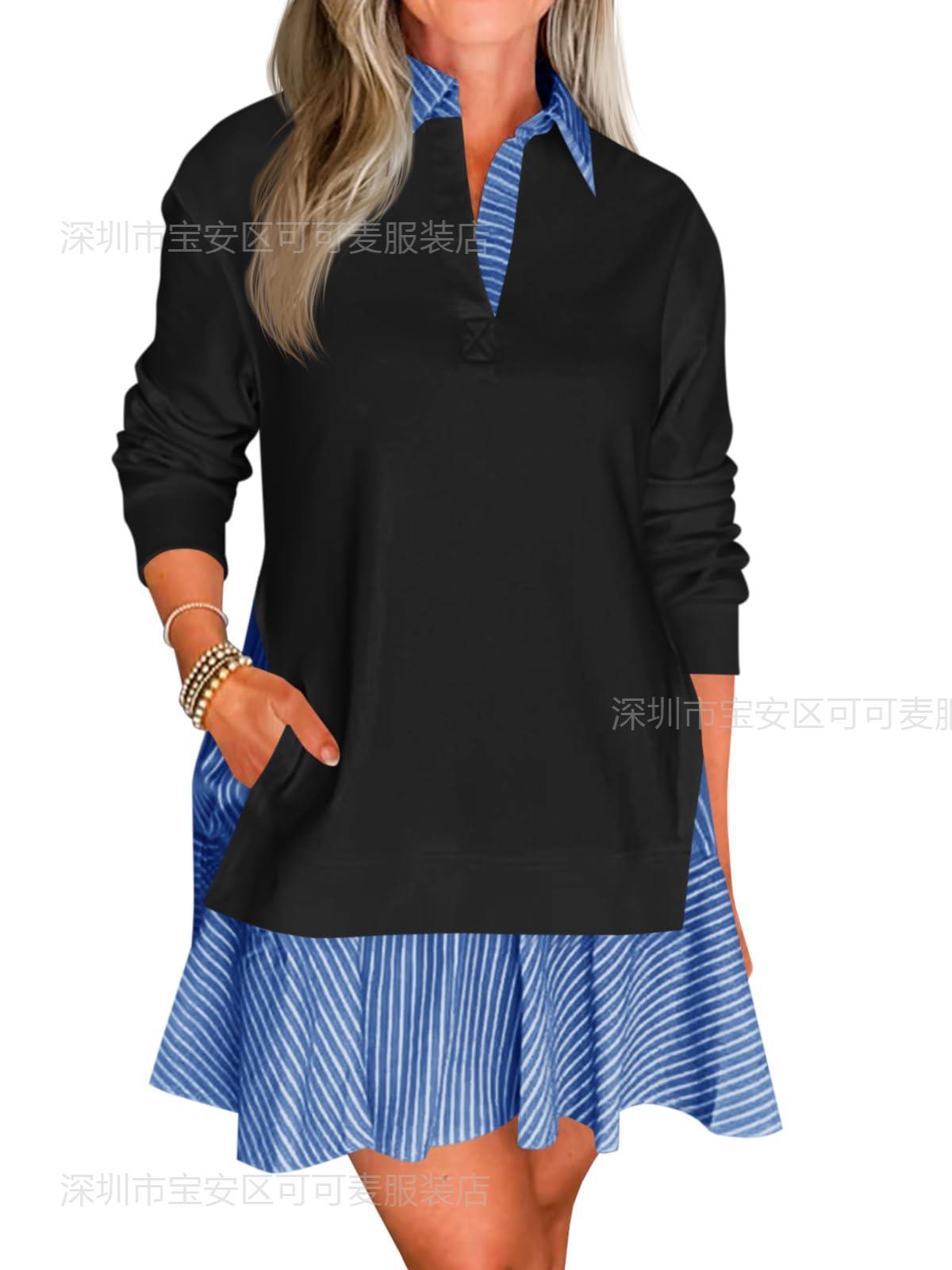 

Autumn new loose shirt collar contrasting color splicing fake two-piece long-sleeved dress women XXL чорний