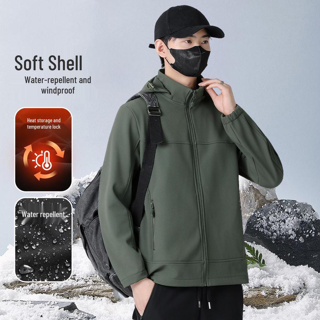 Men's 2025 Three-Proof Fleece-Lined Softshell Jacket with Detachable Hood - Windproof & Waterproof.