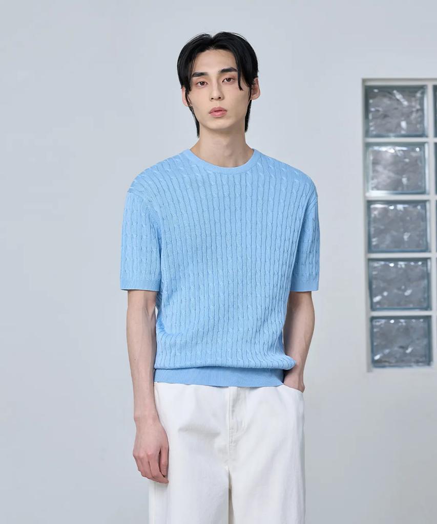 AGOD Cotton Modal Washable Crew Neck Cable Knit [Sky Blue]