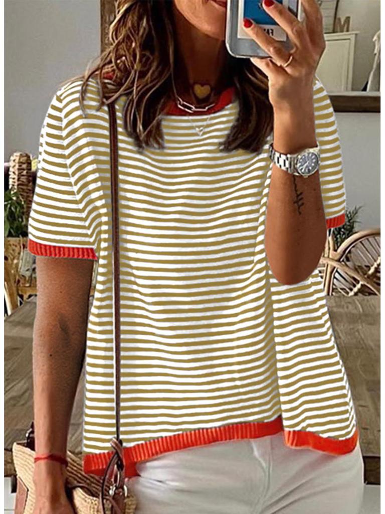 2025 Striped Contrast Knit Sweater: European/American Style, Drop Shoulder, Short Sleeve Top