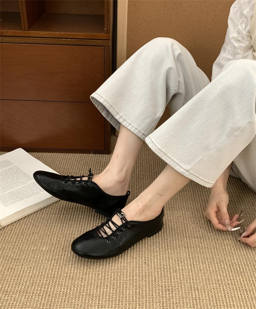Korean version of niche design single shoes 2025 spring and autumn new lace-up small leather shoes ballet flat shoes round head single shoes