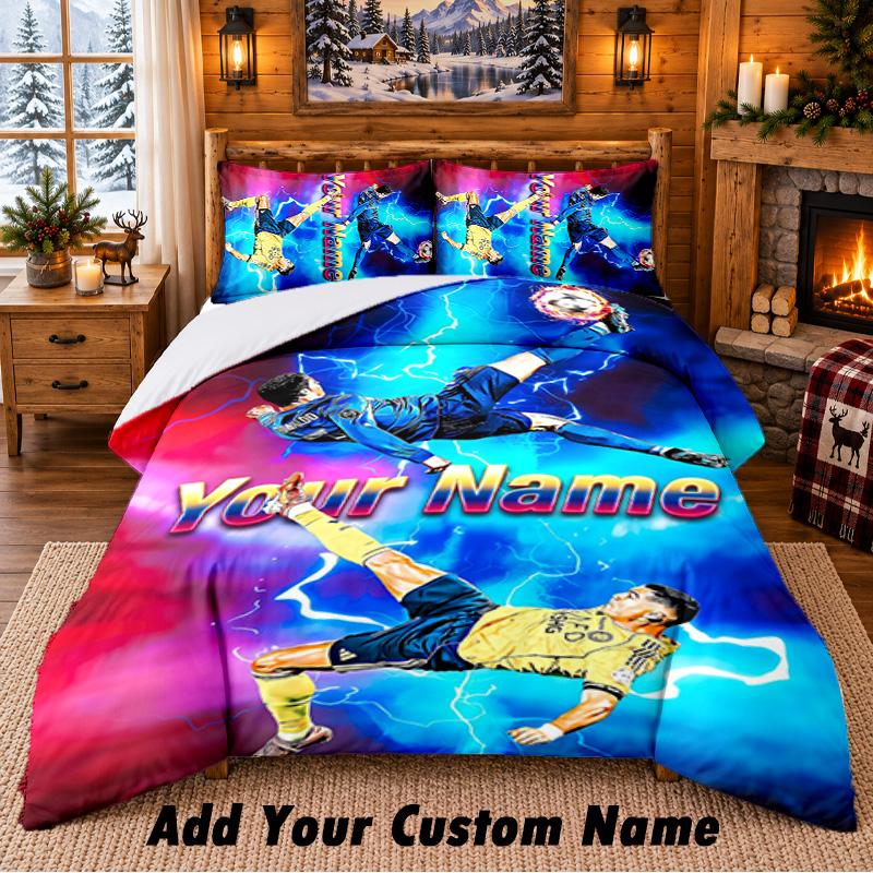 Cristiano Ronaldo Pattern Bedding 3Pcs Set Custom Name, Bed Sheet And Pillowcases For Home Bedroom