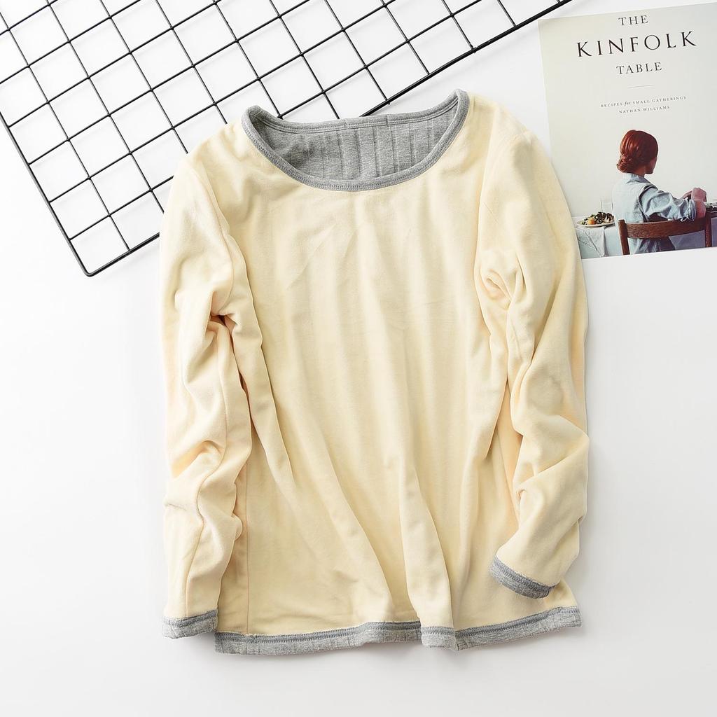 Thick Plus-Size Velvet-Lined Long-Sleeve Ribbed Cotton T-Shirt - Korean Style