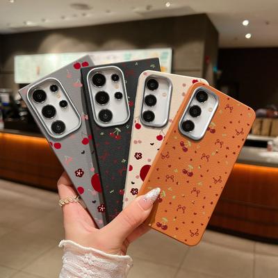 Cherry Bowknot Print Slim Soft Phone Case For Samsung S25 Ultra S24 FE S23 S22 A16 A56 A55 A36 A15 A26 Leather Texture Shockproof TPU Matte Back Cover