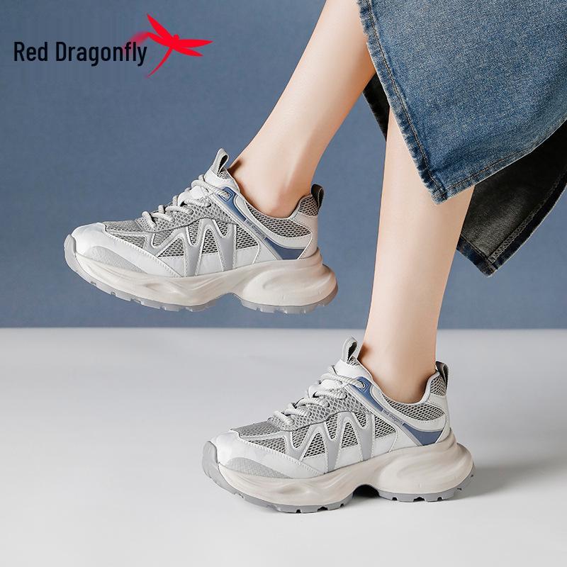 Red Dragonfly Women's Plus Size Lightweight Mesh Dad Shoes - Soft, Thick Sole for Height Increase, Perfect for Spring Travel and Casual Sports.
