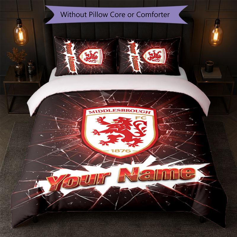 Set Biancheria da Letto Personalizzato Middlesbrough FC con Nome Testo 1 Copripiumino + 2 Federe Logo Calcio Regalo Personalizzato per Occasioni Speciali Decorazione Camera da Letto