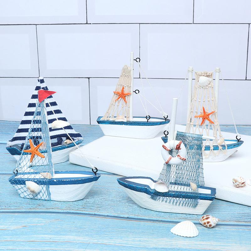 Mediterranean Style Marine Nautical Wooden Blue Boat Ship Wood Crafts Ornaments
