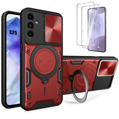 Coque pour Samsung Galaxy S25 avec 2 Verres Trempés, Coque avec Cache Caméra et Anneau Support Rouge