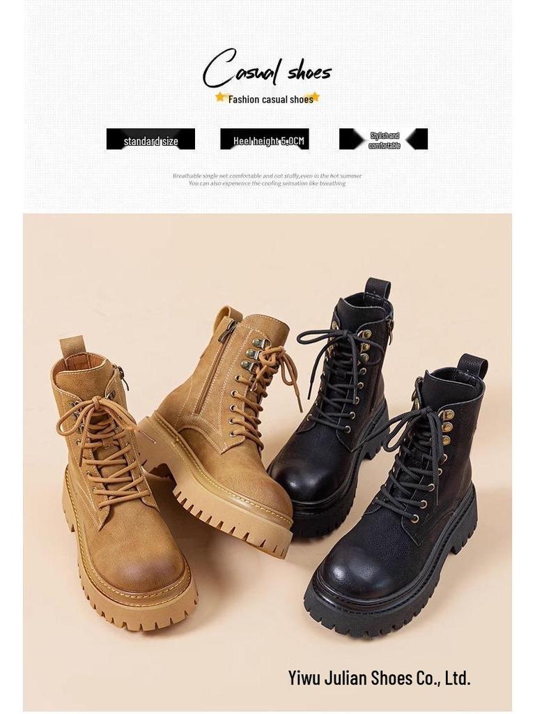 Thick-Soled 2024 Autumn/Winter Women's British Style Versatile Velvet-Lined Flat Motorcycle Boots