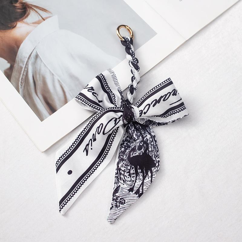 Silk Scarf Keychain with Horseshoe Buckle and Ribbon Bow for Bags and Cars