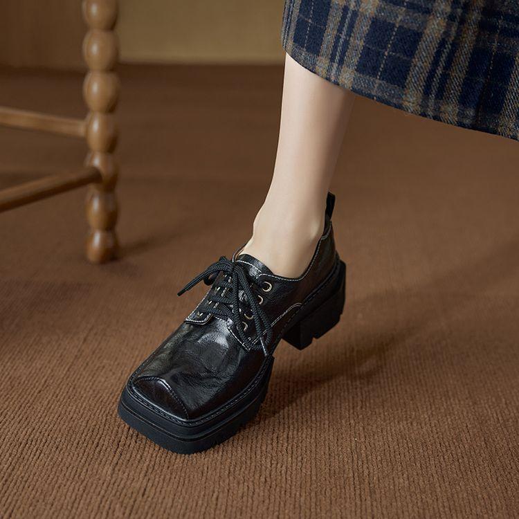 Thick-soled Thick-heeled Sheepskin Single Shoes Women's 2025 Spring New British Square Head High-heeled Muffin Sole Lace-up Casual Leather Shoes