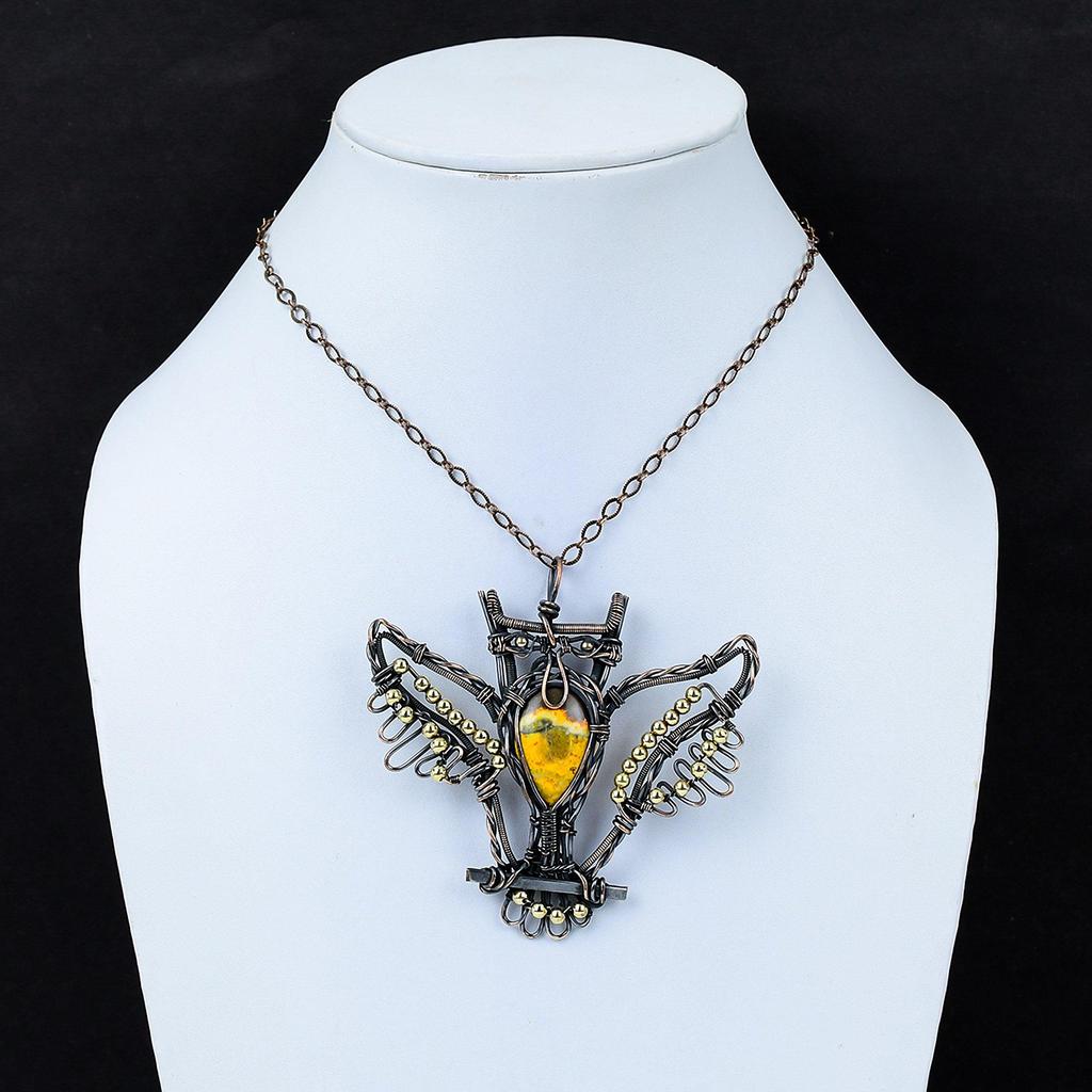 Bumble Bee Jaspis Anhänger Kupferdraht gewickelter Anhänger Handgefertigter Schmuck Eulenanhänger Natursteinanhänger Kupferdrahtschmuck Geschenk für Sie