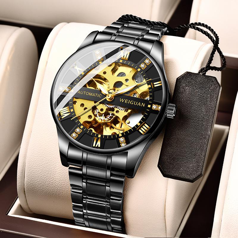 Relógio mecânico totalmente automático masculino oco negócios à prova d'água luminoso moda