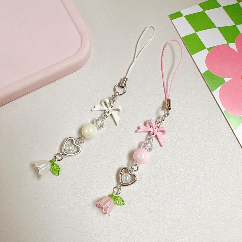 Schleife Maiglöckchen Perlen Handykette Y2K Frisch Süß Schlüsselanhänger Blume Anhänger Rucksack Taschenanhänger Hängender Schmuck Mädchen Geschenk