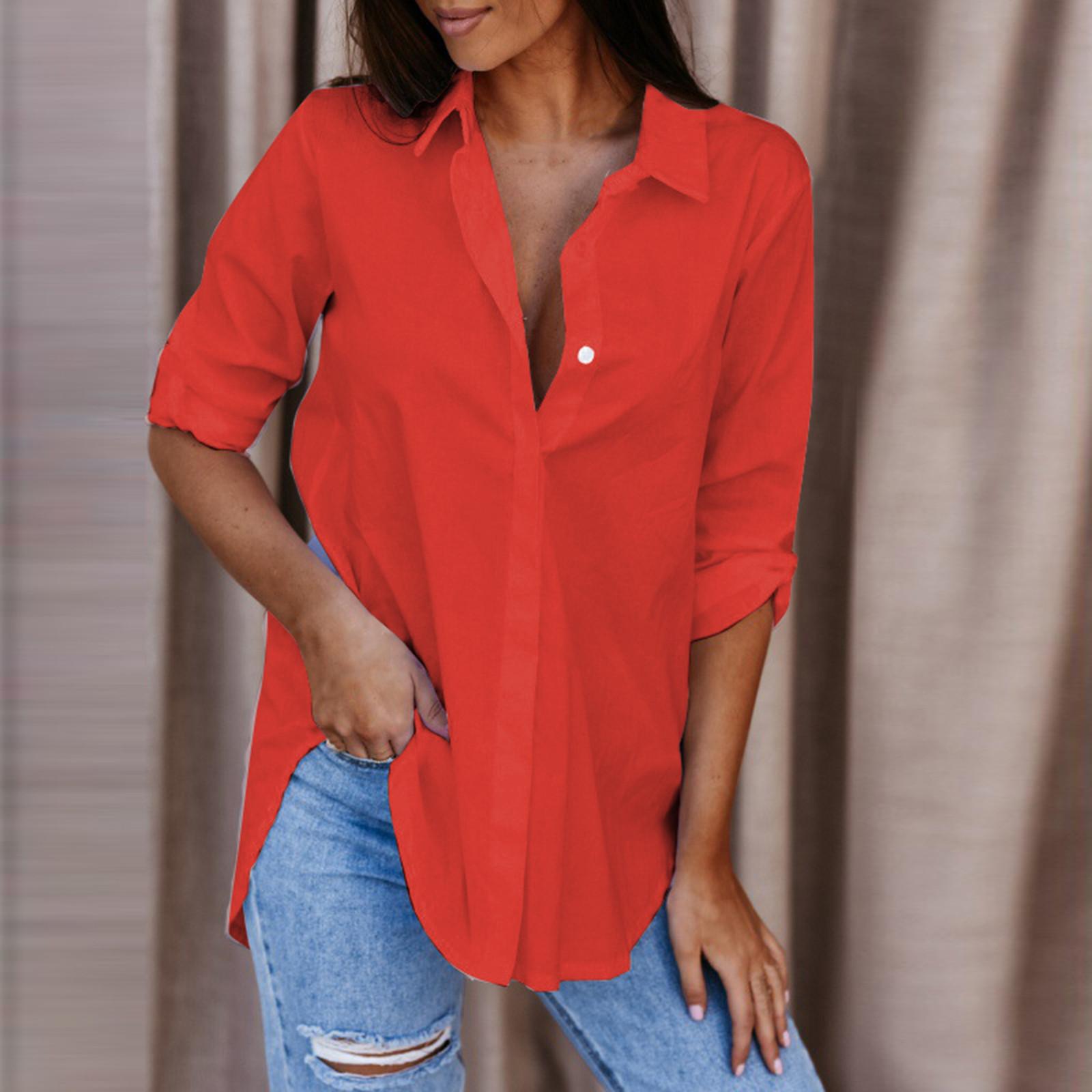 

Блузка для женщин с длинным рукавом, рубашки на пуговицах, повседневная, свободная, для работы, туника XL красный