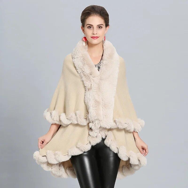 10 Colors Winter Warm String Faux Fox Fur Long Knitted 2 Layer Poncho Cape Cloak Oversize Women Cardigan Loose Shawl Street Coat