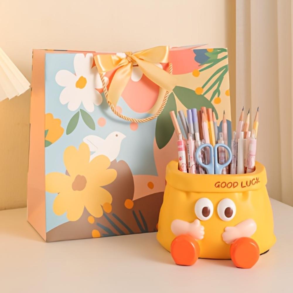 Good Luck  Resin Desk Organizer with Cute Face ,Multi-Compartment Pencil Holder, Scissors ,Eyeglasses Storage, Vibrant Yellow with Red Accents
