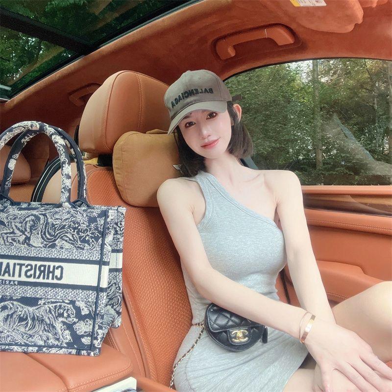 

Open Back Summer New Sexy Sexy Cold-Shoulder Elegant One Shoulder Stylish Sleeveless Vest Hip Spaghetti Straps Dress Grey S