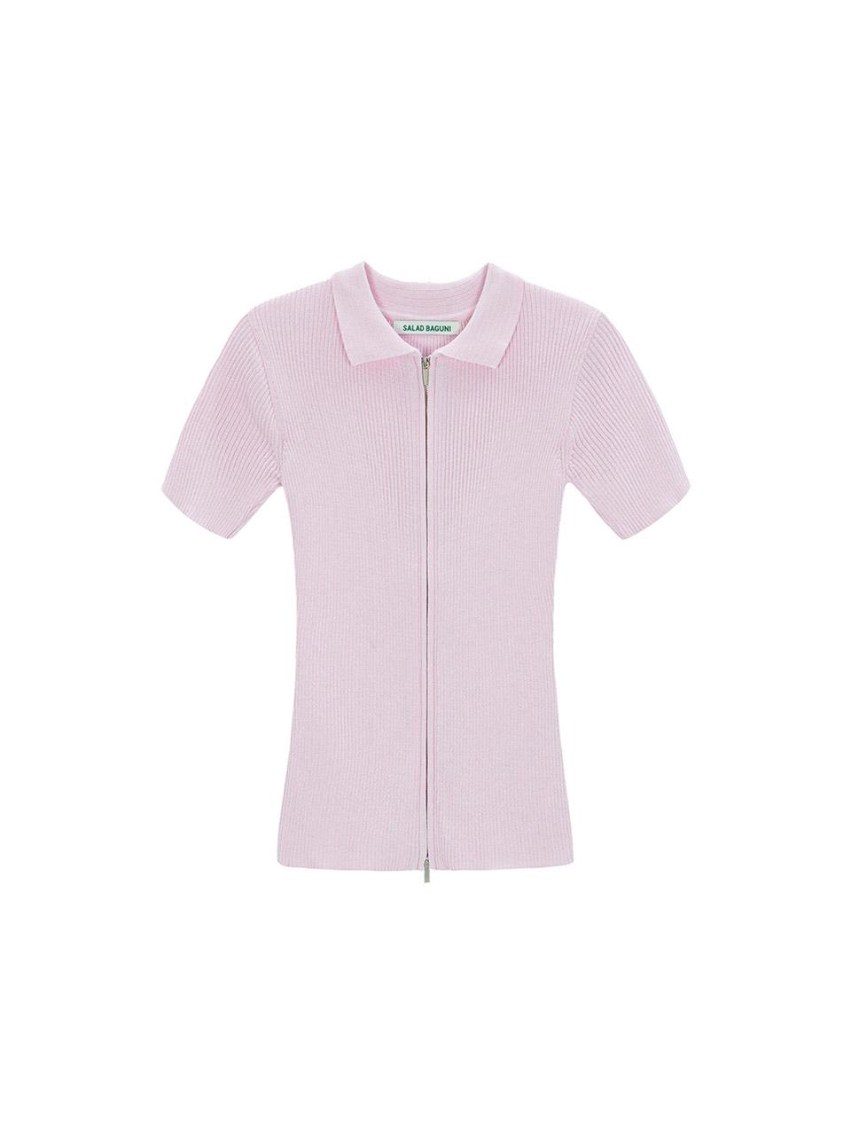 Salad Basket Two-Tone Collared Neck Two-Way Knit Zip-Up - Pink White
