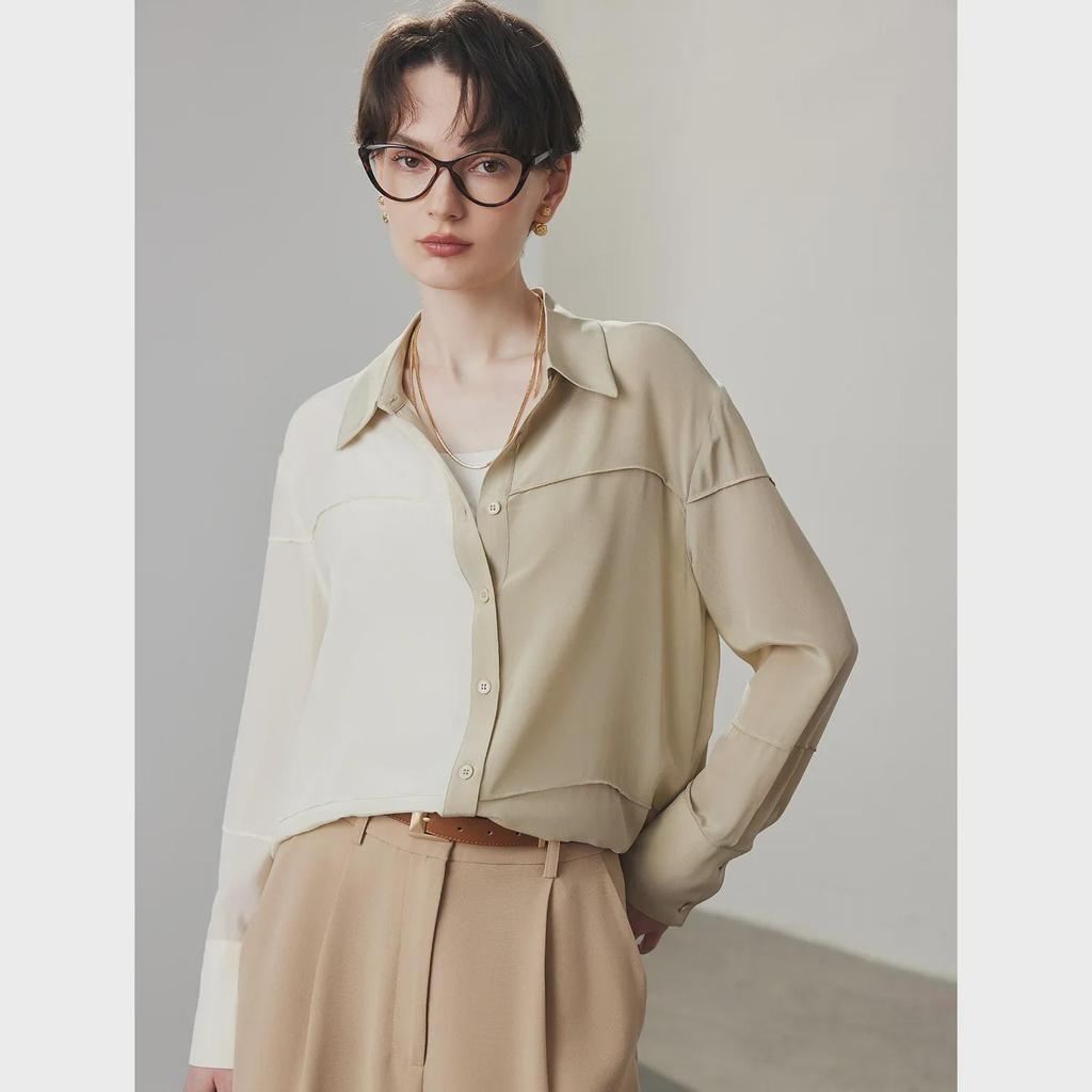Women's Loose-Fit Silk Shirt - 2025 Spring/Summer, 100% Double Crepe Mulberry Silk, Color-Block Design
