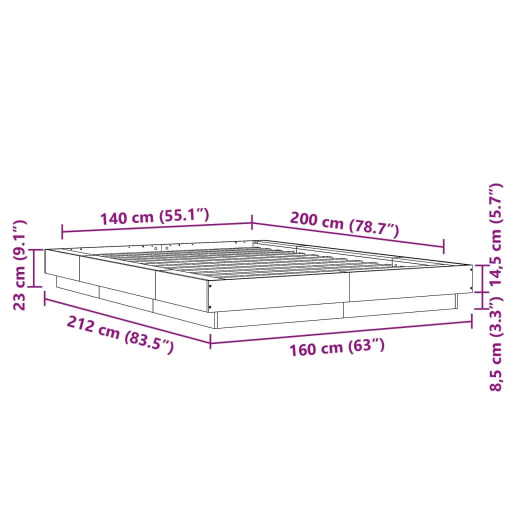 LED Bed Frame in Grey Sonoma 140x200 cm Engineered Wood