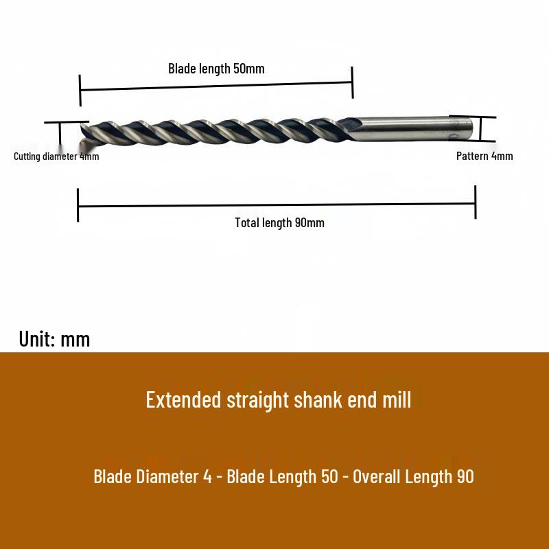 High-Speed Steel Extended Straight Shank Three-Flute End Mill, 2.5-10mm, White Steel