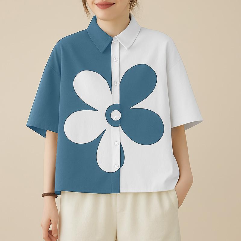 

ZANZEA Женская повседневная летняя свободная блузка с отложным воротником и коротким рукавом XL синий