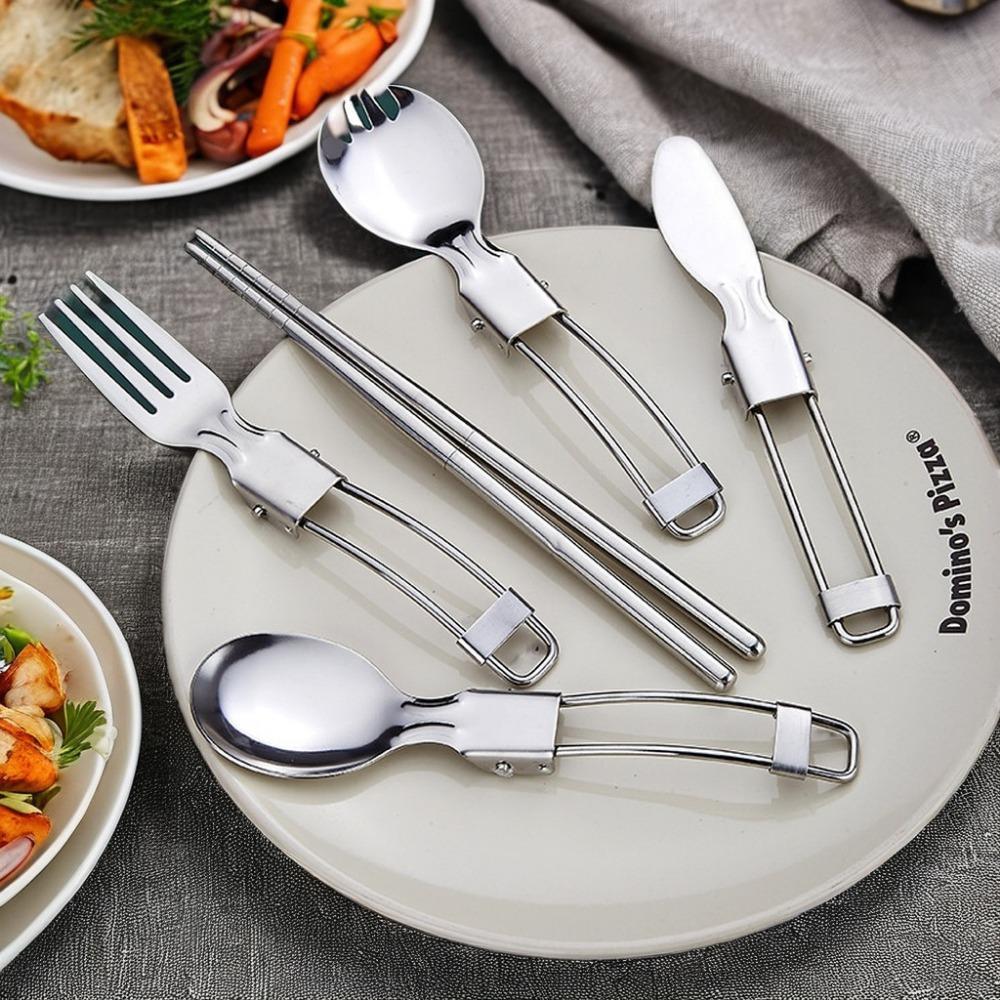 6Pcs Foldable Camping Utensil Set 304 Stainless Steel Folding Flatware Include Portable Spoons Fork Knife with Storage Bags