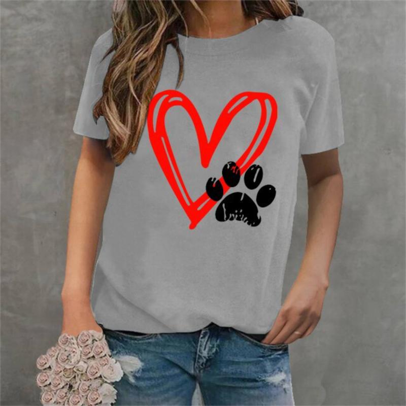 Polyester 100% New Valentine's Day Heart-shaped Checkered Footprint Printed Short-sleeved T-shirt for Casual Women's Summer