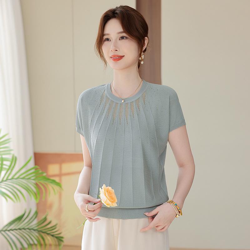 Summer Fashion Rhinestone Knit T-shirt for Women: See-through Ice Silk, Round Neck, Perfect for Young Mothers & Middle-aged Women