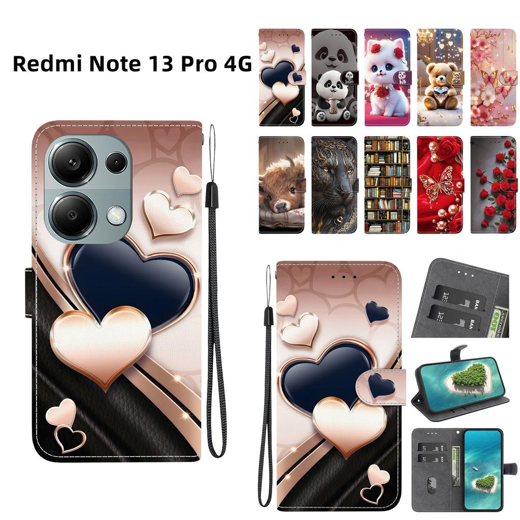 Handmade PU Leather Flip Case for Xiaomi Redmi Note 13 Pro 4G Anti-Slip Shockproof Cover with Wrist Strap & Heart/Rose Cat Designs