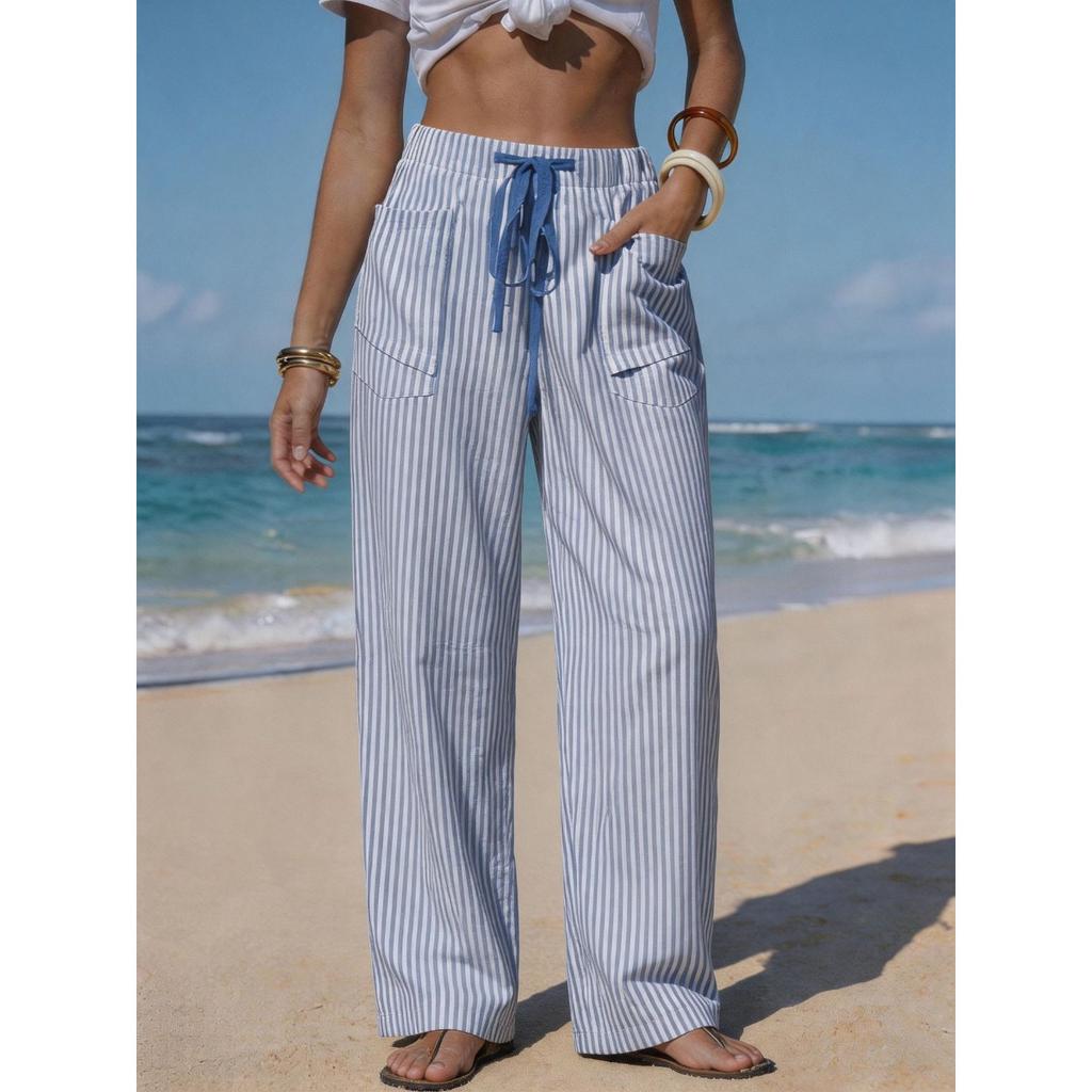 Summer Women's Striped Linen-like Wide Leg Pants, Drawstring Waist Pockets Casual Long Trousers for Beach Vacation