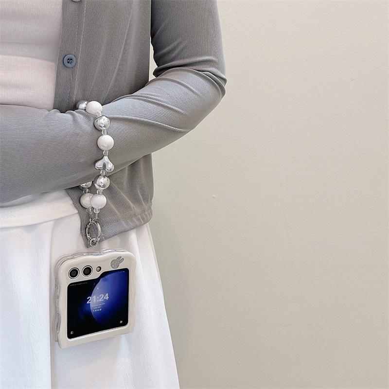 Phone Case For Samsung Galaxy Z Flip 5 4 3 ZFlip 5 Z Flip5 ZFlip5 Cute Rabbit Glitter Cards Bracelet Shockproof Cover