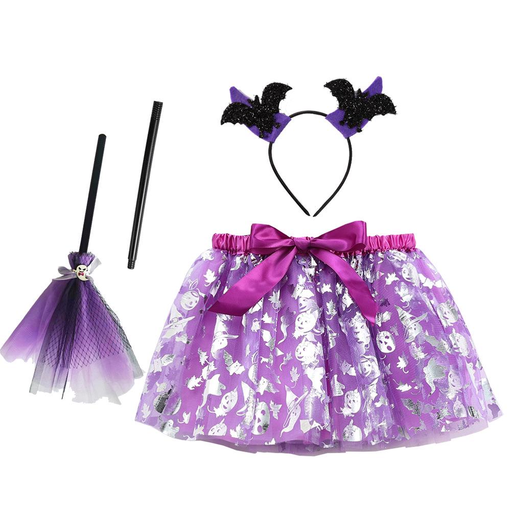 Three-Piece Halloween Girls Puffy Skirt Set with Pumpkin Bat Tutu, Broomstick, and Magic Wand Small