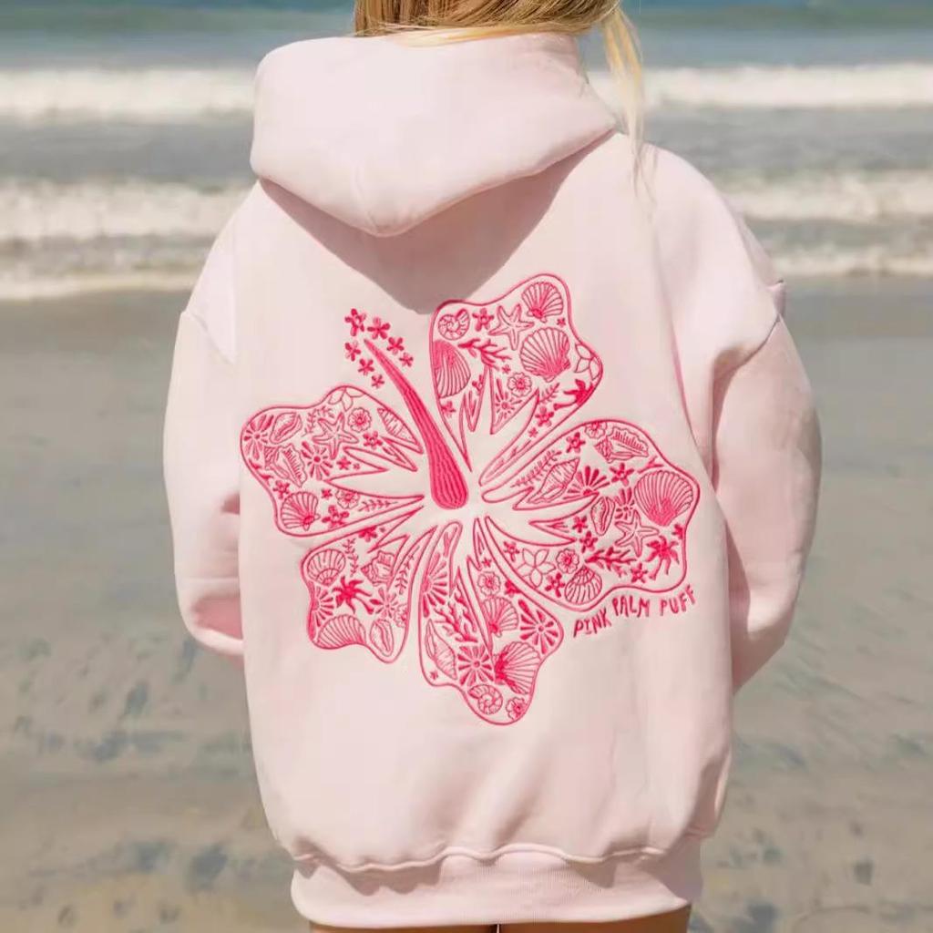 European-American Fashion Embroidered Casual Hooded Sweatshirt with Velvet Lining - Women's Autumn/Winter Collection