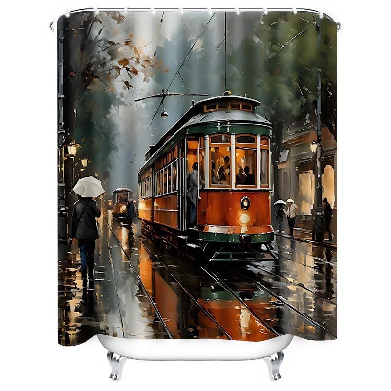 Artistic Tram Painting of Street Scene In Rain - Waterproof Heat-Resistant Machine Washable Non-Transparent Decorative Art