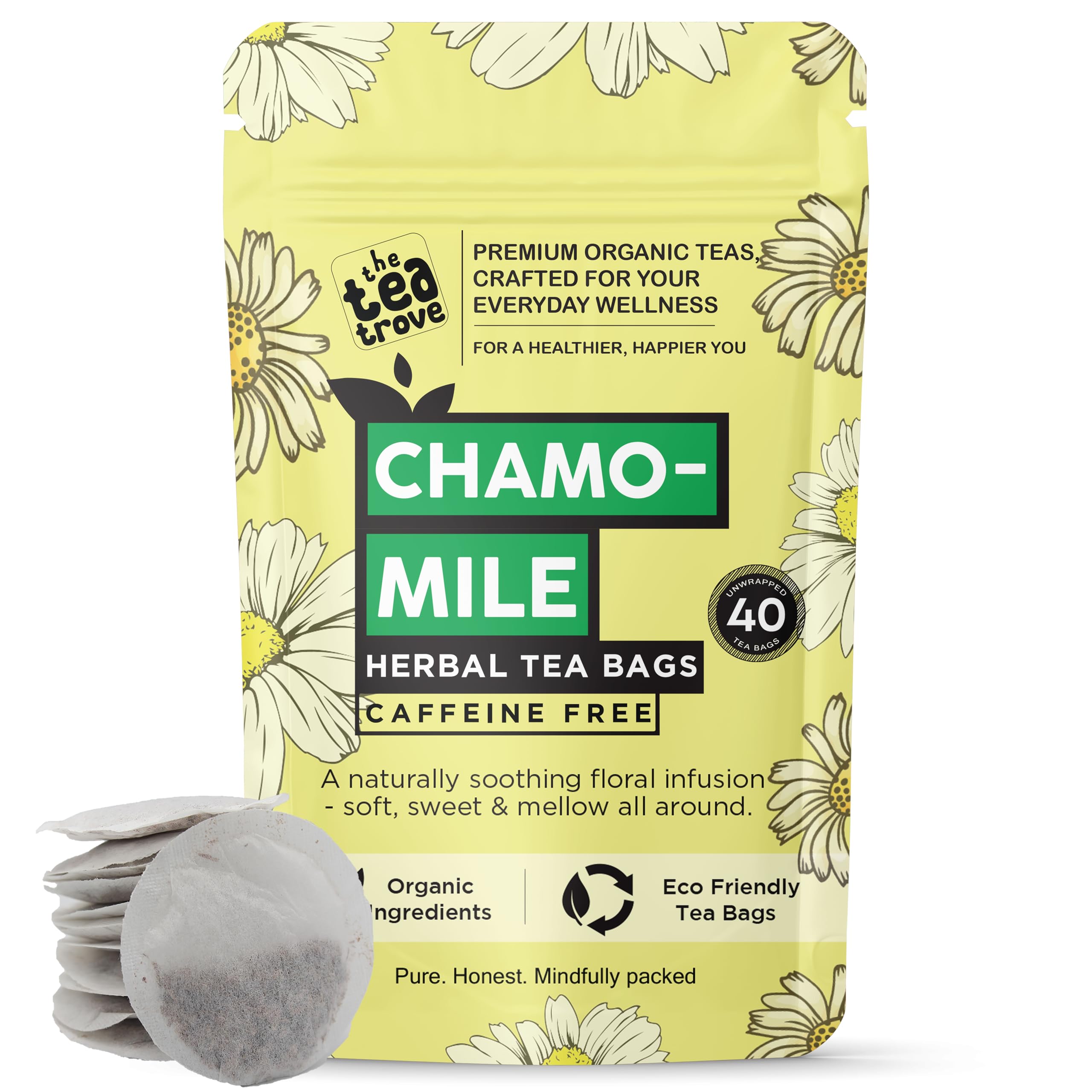 

The Tea Trove Pure Chamomile Tea Bags Organic - 40 Eco-Friendly Caffeine Free Camomile tea in Resealable pouch - Steep Hot Or Iced | Pack of