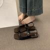 Koreanischer Designer Zehenfrei Quadratische Spitze Ein-Wort-Schnalle mit Flachsohlen-Sandalen Damen Strandschuhe