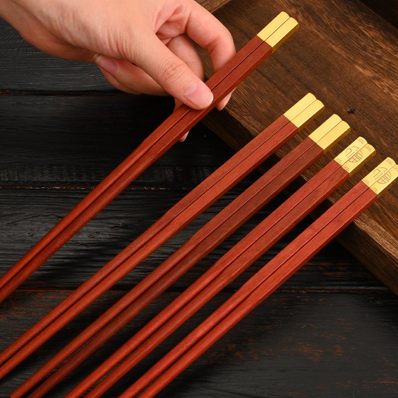 Gold & Silver Thread Red Sandalwood Chopsticks with Engraved Logo - Gift Box for Household & Hotel Use