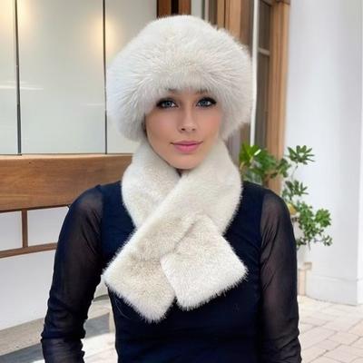 2-delige/1-set dames dikke warme imitatiebont muts en sjaalset - polyester breisel, winter oorwarmers met drukknoopsluiting, modieuze Mongoolse stijl