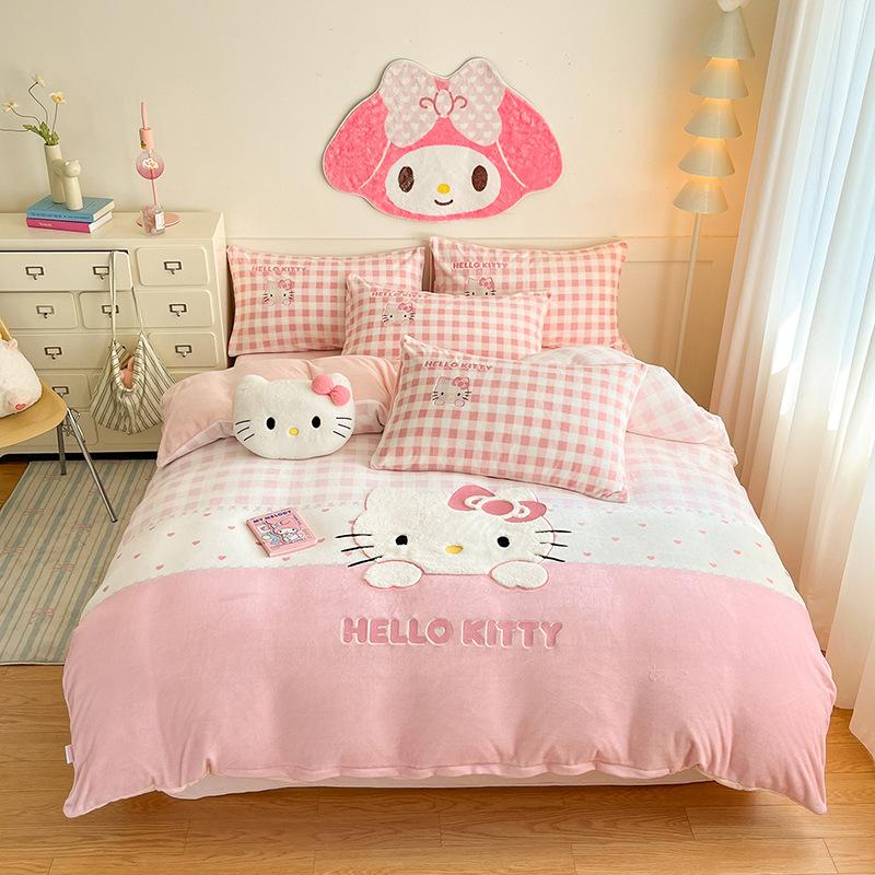 Cat Thickened Milk Fleece Four-Piece Set Cartoon Sticker Embroidered Fleece Quilt Cover Student Three-Piece Set