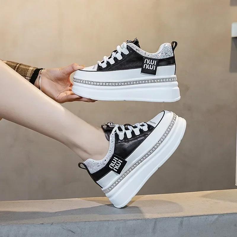 Mode Top-Qualität 7cm Echtes Leder Damen Plateau Keilabsatz Herbst Frühling Versteckte Absätze Damen Vulkanisierte Bling Sneakers Freizeitschuhe