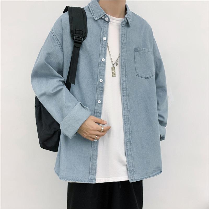Herren Langarm Harajuku Denimhemd - Lässiger Hongkong-Stil, lockere Passform für Frühling und Herbst.