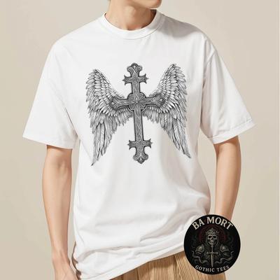 Gothic Cross And Angle Wings Graphic Punk Style Mens Womens T-Shirt