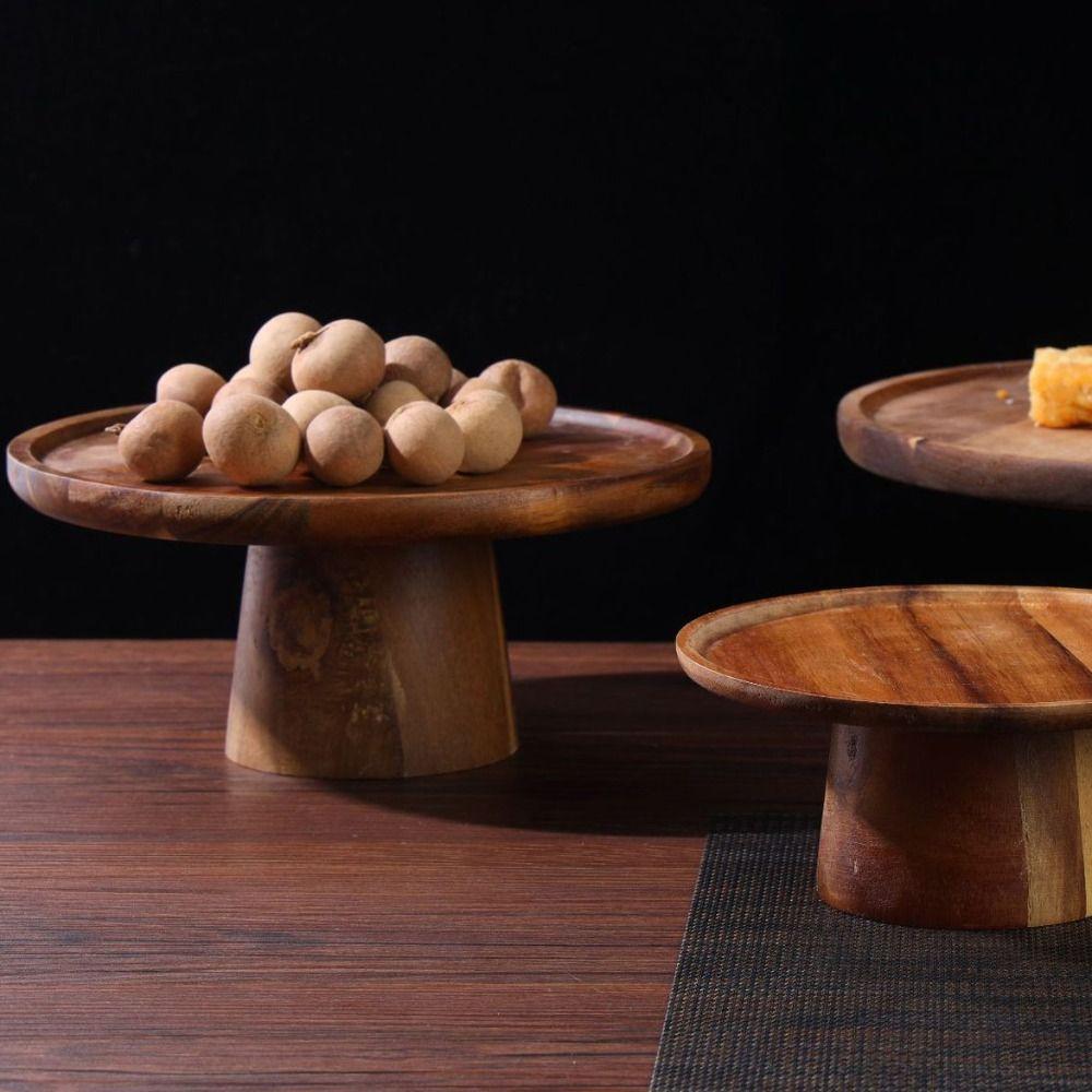 Household High-Footed Cake Plate Practical Acacia Wood Fruit Plate  Living Room