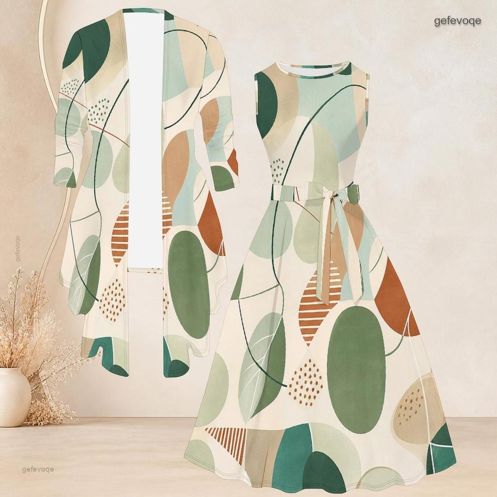 Women Plus Size Two Piece Set Sleeveless Round Neck Tie Waist Flared Dress 3 4 Sleeve Open Cardigan Green Geometric Printed