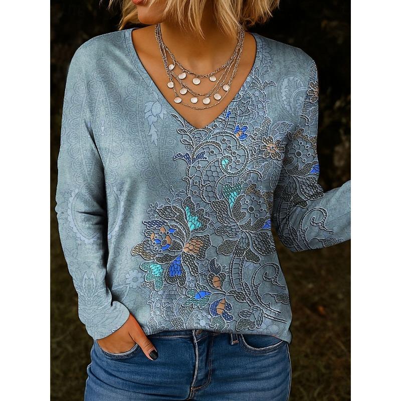 

Women s T-Shirts Retro Floral Graphic plants Elegant Trendy Tees V-Neck Long Sleeve T-shirts Regular Tops Pullover Fall Winter XL
